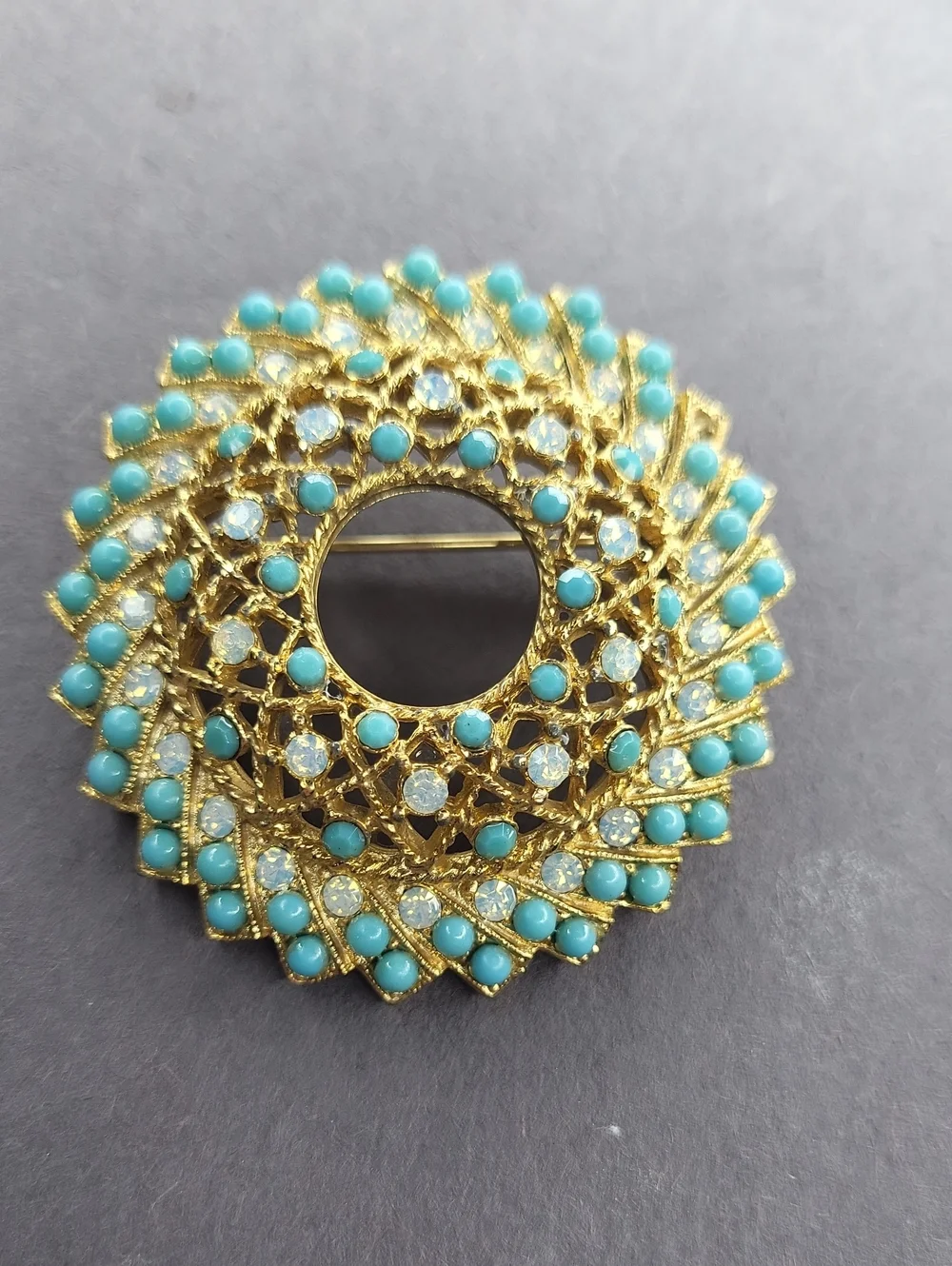 Sarah Coventry Gold-Tone Turquoise & Clear Crystal Round Floral Brooch